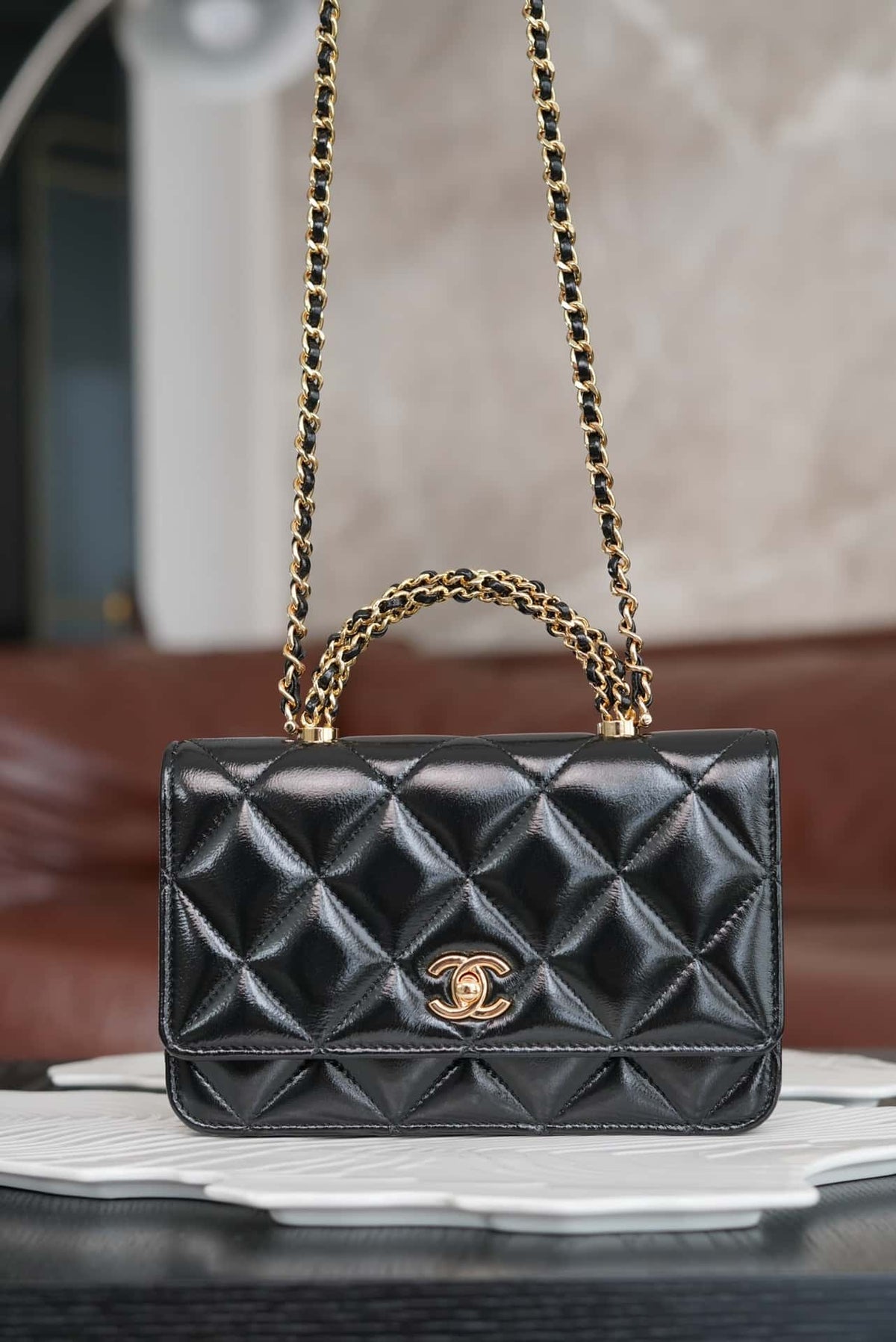 Chanel 24B WOC Top Handle in Black Shiny Lambskin GHW